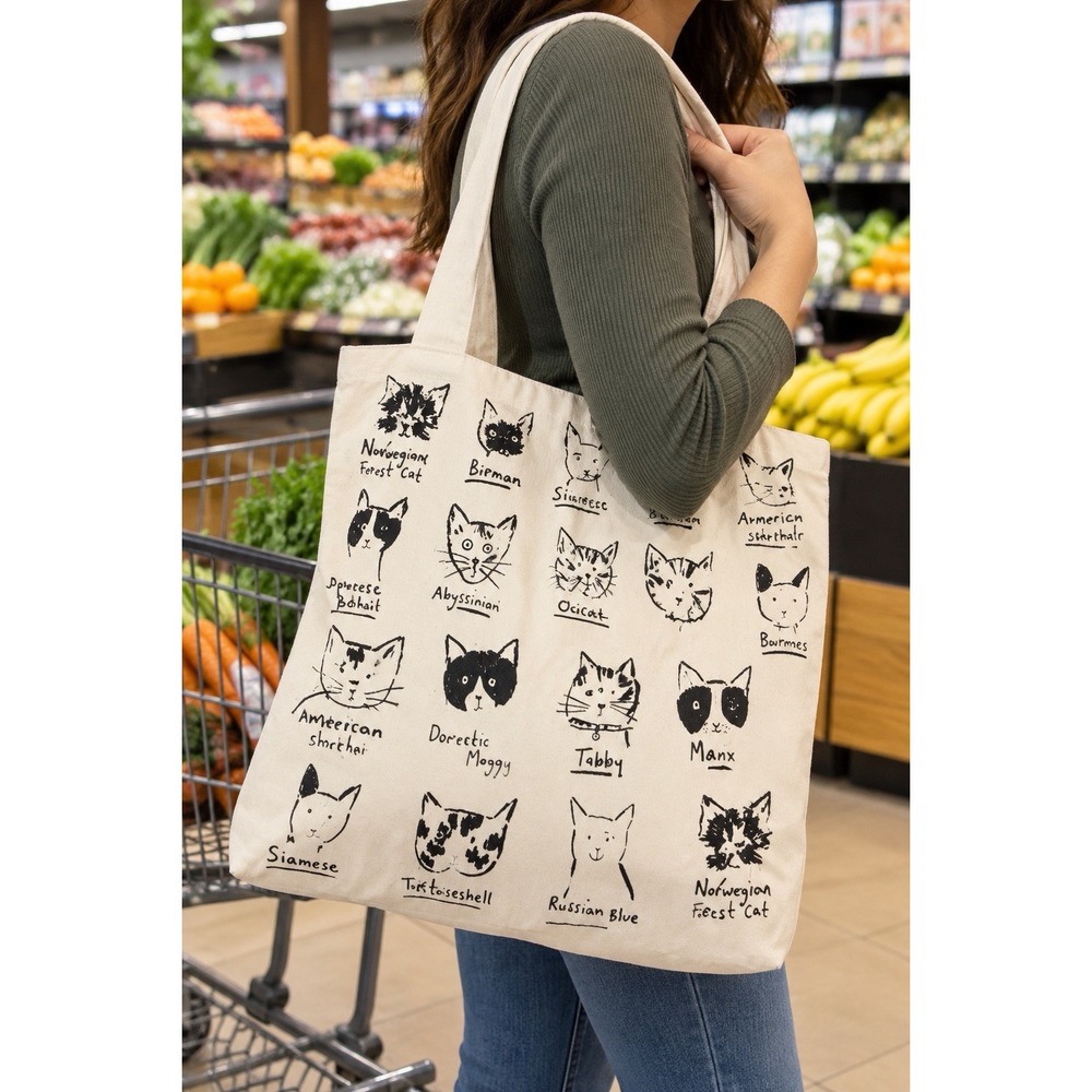 Cat Breeds Canvas Tote Bag Ivory Black Graphic Cats Large Shopper Shoulder Bag